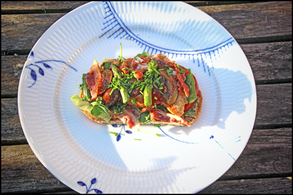 Kylling med ristede champignoner, asparges og bacon